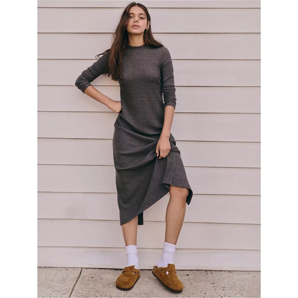 Velvet Graham & Spencer Liz Ribbed Midi Dress Charcoal Gray Long Sleeve S
